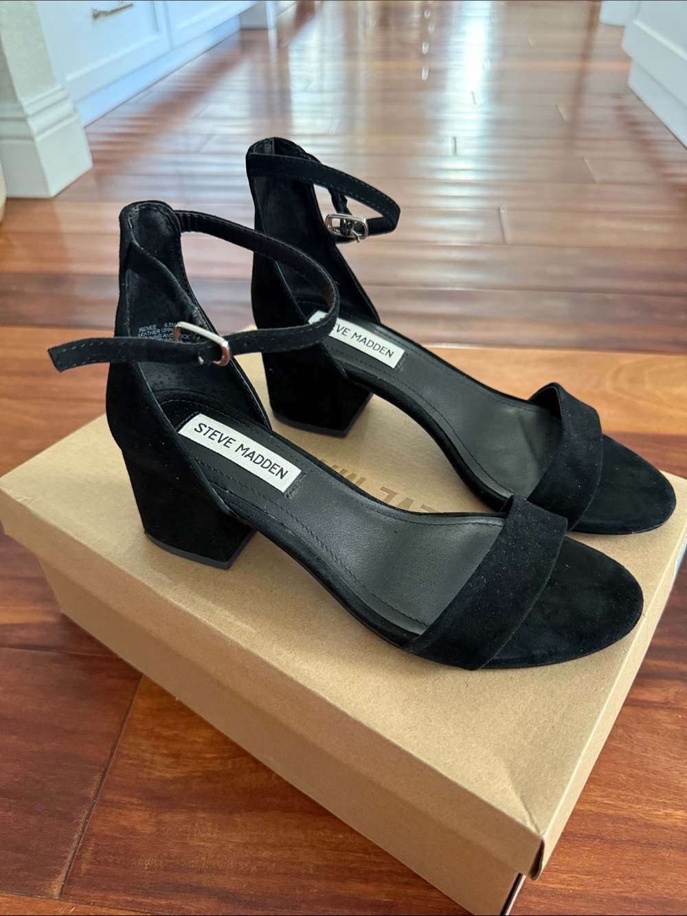 Steve Madden Irenee Black Suede Block Heels, 6.5M